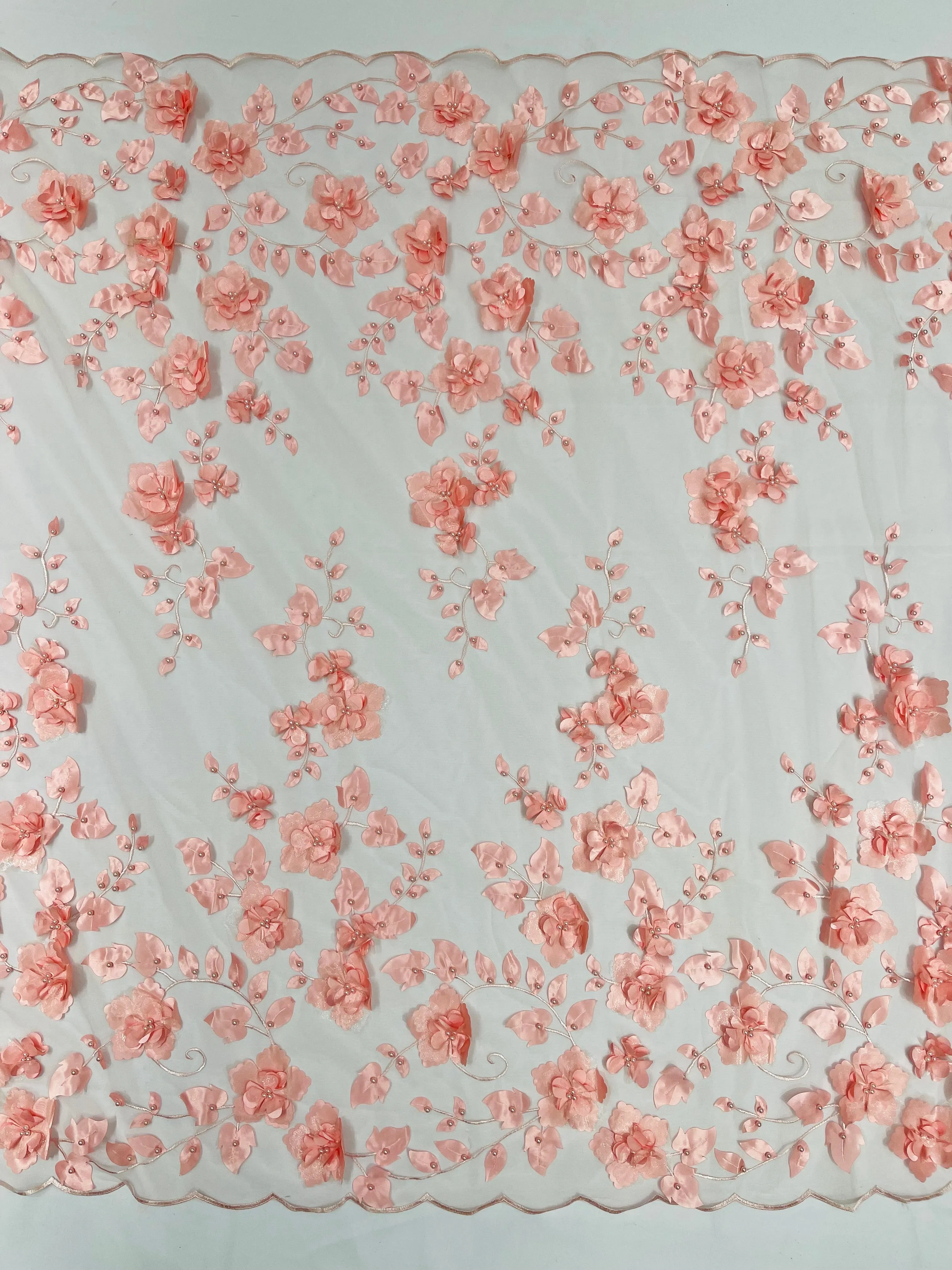 Double Scalp Orquidia 3d floral design embroider with pearl in a mesh lace fabric-sold by the yard