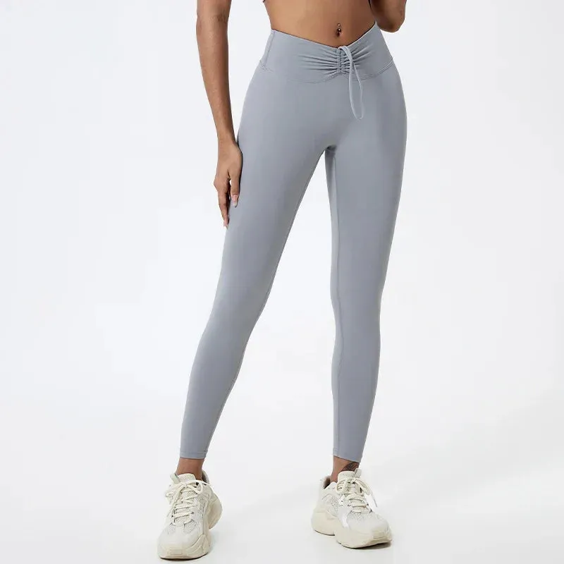 Drawstring High Waist Tights Female Push Up Breathable Sports Leggings