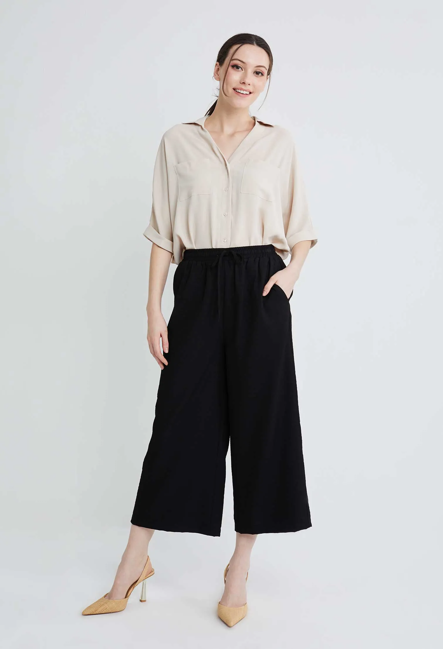 Drawstring Palazzo Culotte Pants