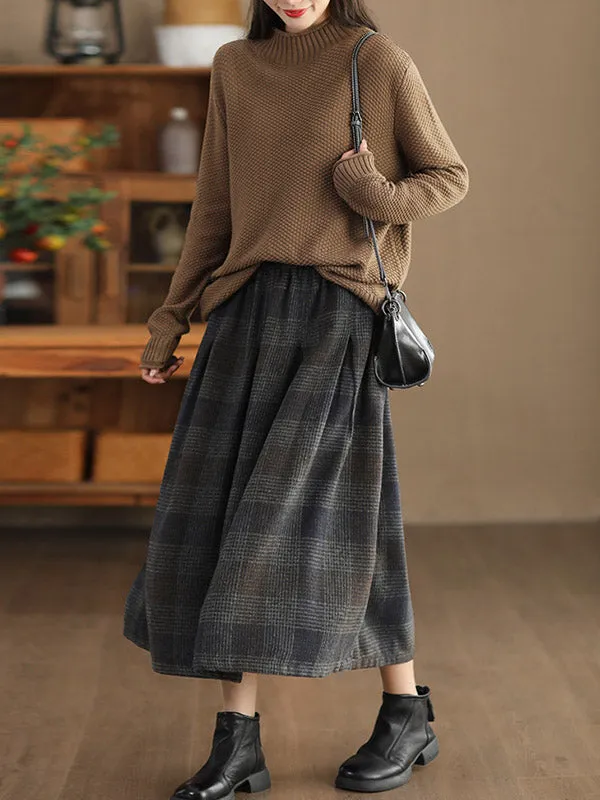 Elasticity Plaid Pleated A-Line Loose Skirts Bottoms