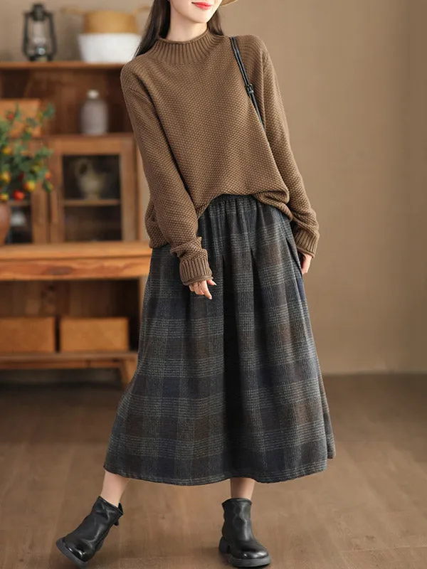 Elasticity Plaid Pleated A-Line Loose Skirts Bottoms