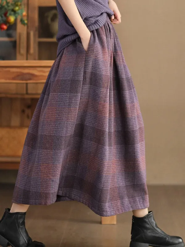 Elasticity Plaid Pleated A-Line Loose Skirts Bottoms