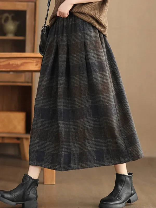 Elasticity Plaid Pleated A-Line Loose Skirts Bottoms