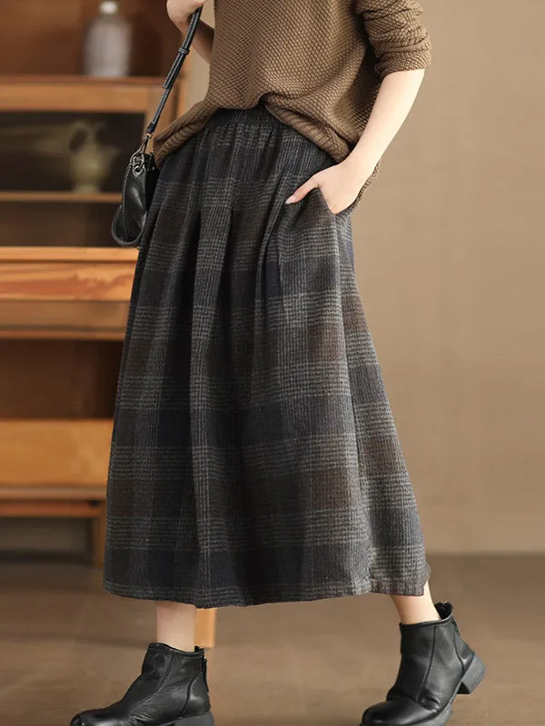 Elasticity Plaid Pleated A-Line Loose Skirts Bottoms