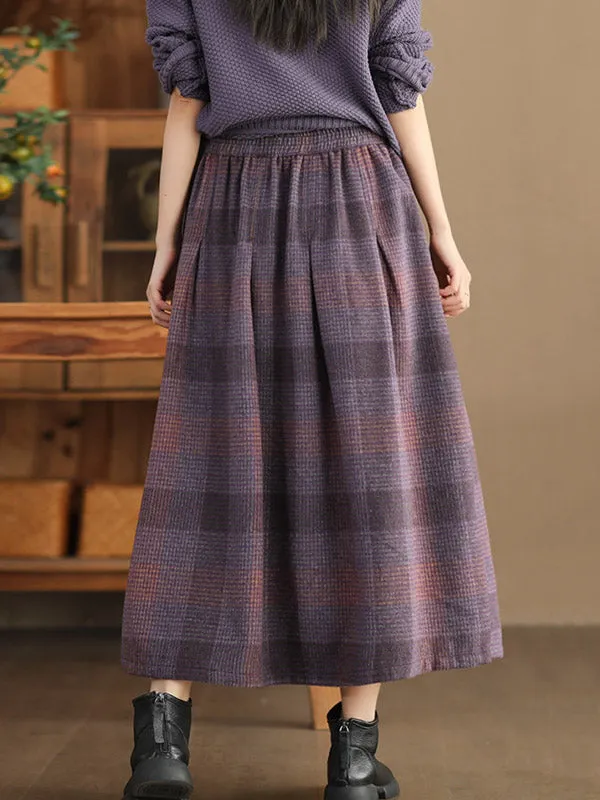 Elasticity Plaid Pleated A-Line Loose Skirts Bottoms