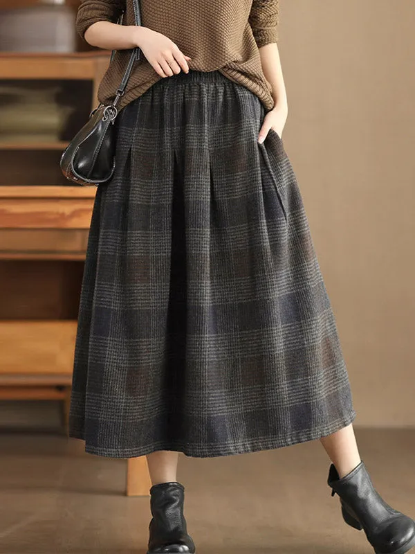 Elasticity Plaid Pleated A-Line Loose Skirts Bottoms