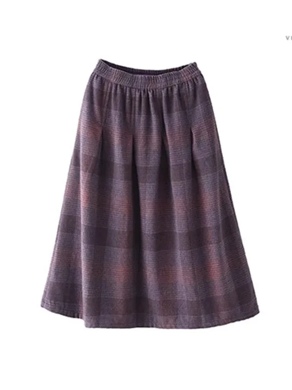 Elasticity Plaid Pleated A-Line Loose Skirts Bottoms