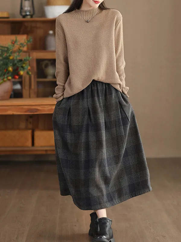 Elasticity Plaid Pleated A-Line Loose Skirts Bottoms