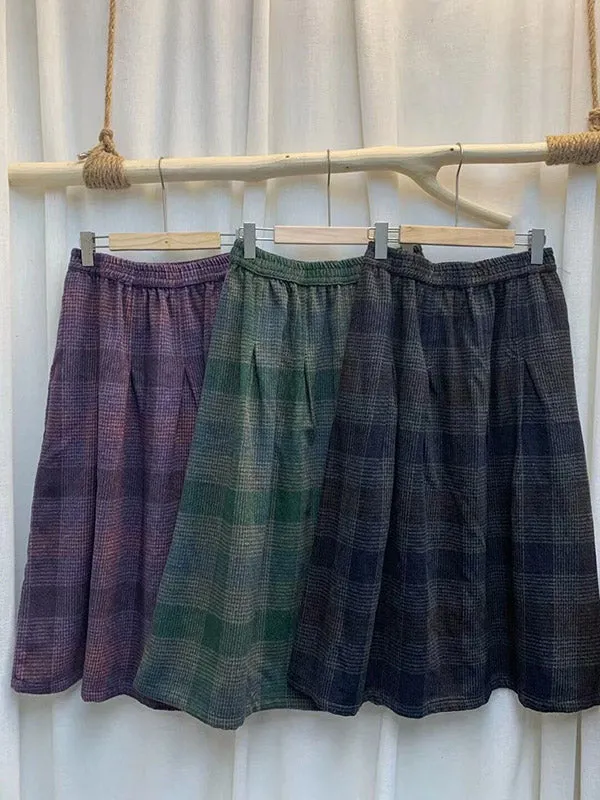 Elasticity Plaid Pleated A-Line Loose Skirts Bottoms