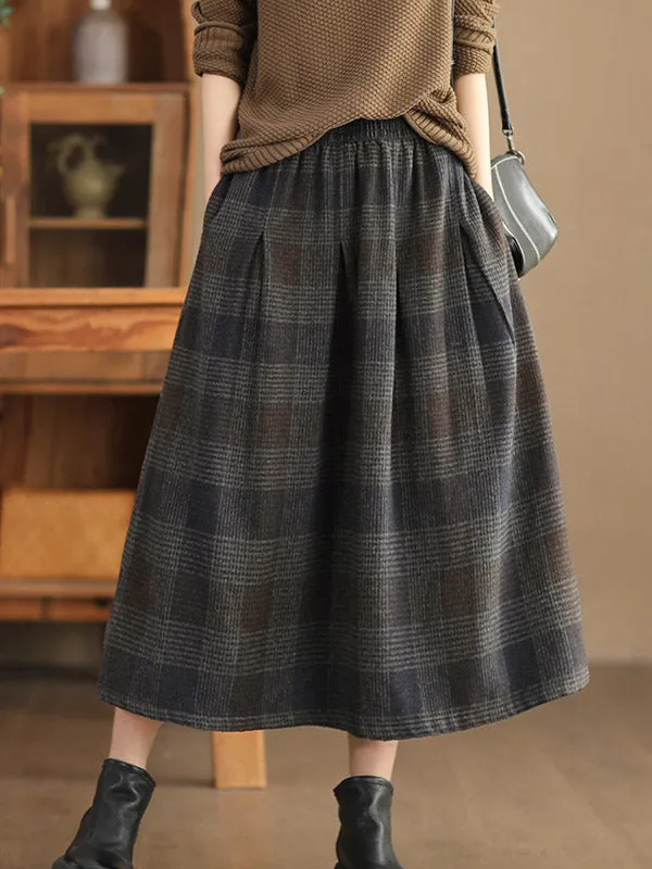 Elasticity Plaid Pleated A-Line Loose Skirts Bottoms