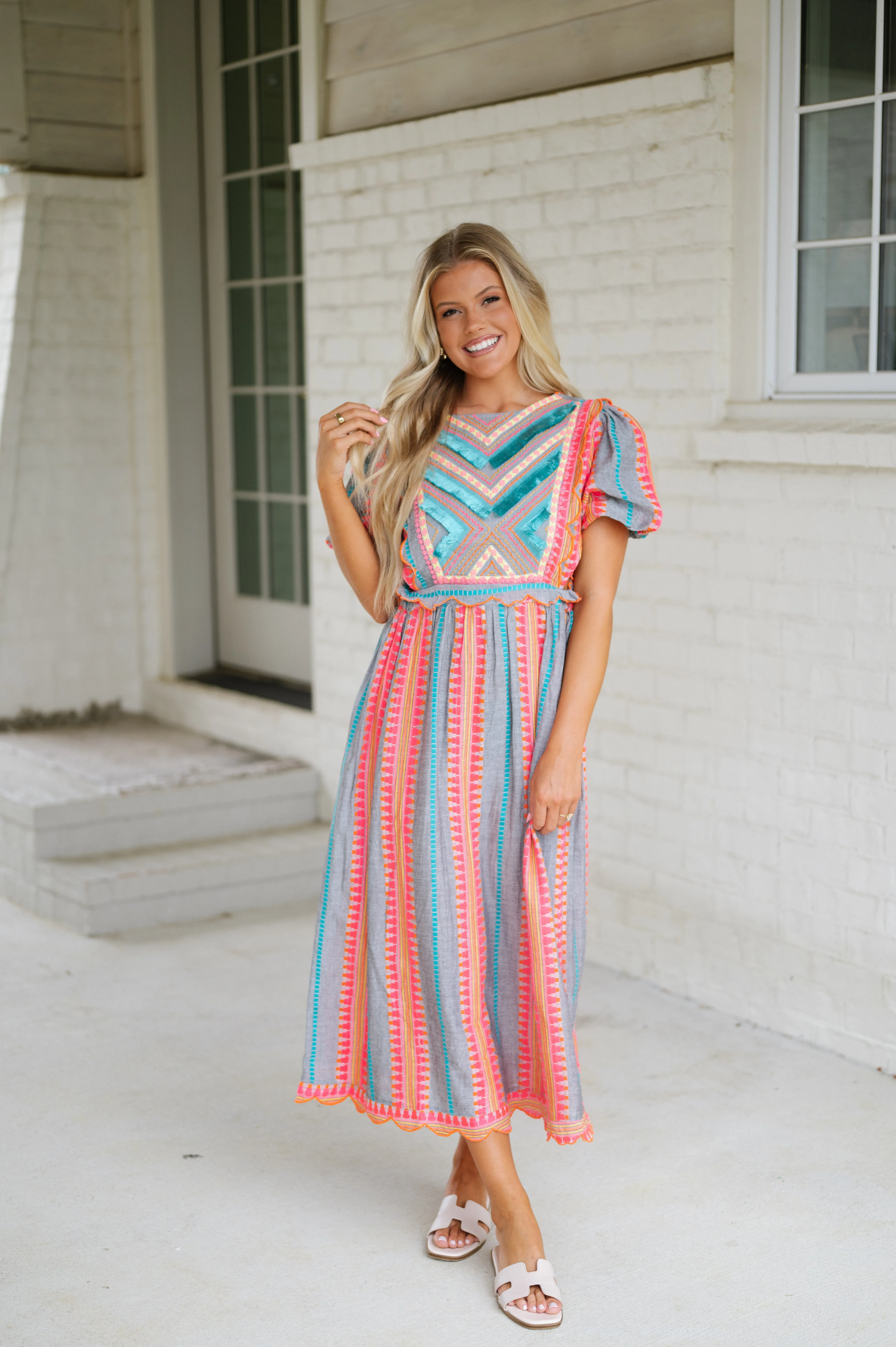 Embroidered Fringe Midi Dress- Multi