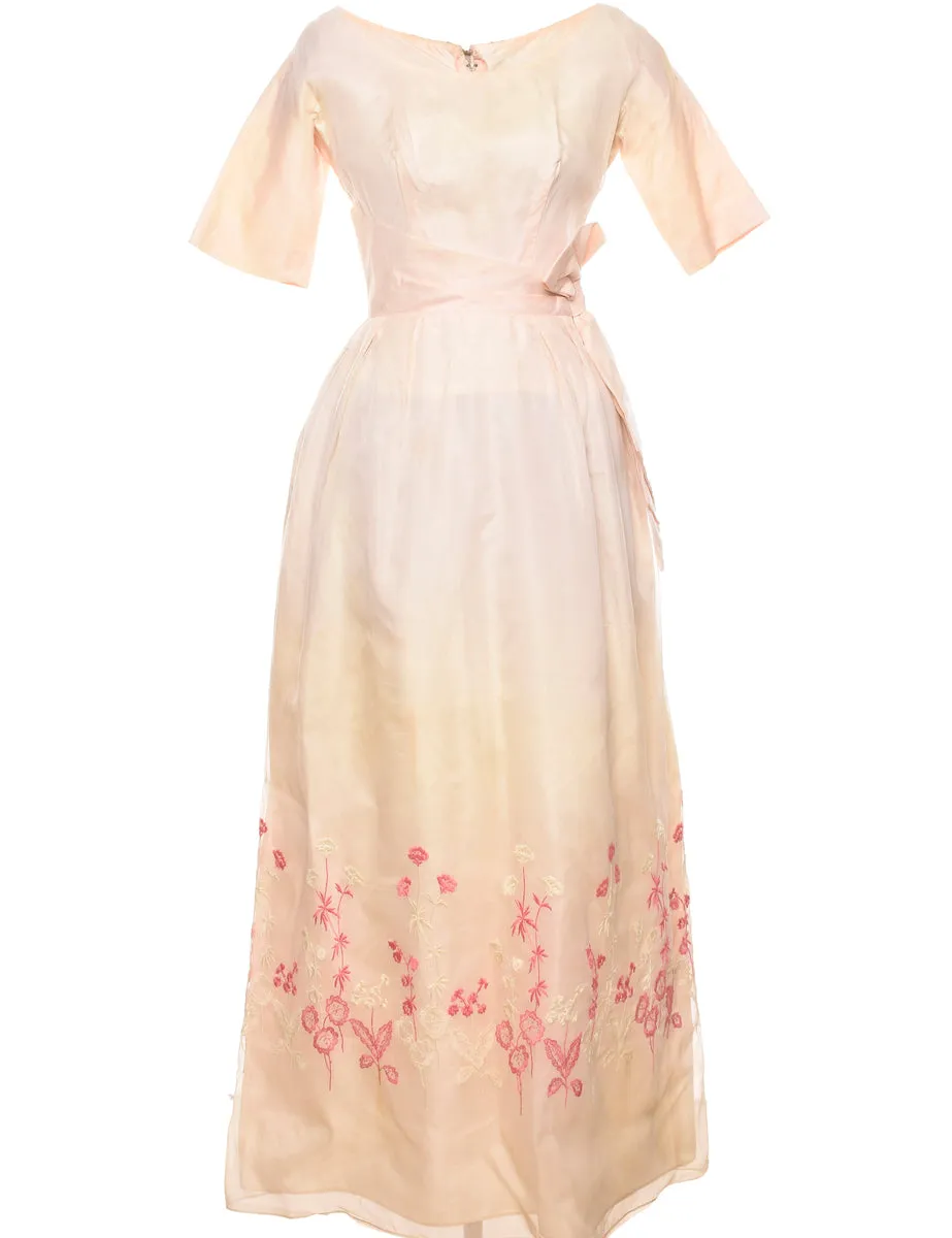 Floral Print Peach & Pink 1960s Embroidered Evening Gown - S