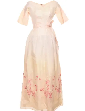 Floral Print Peach & Pink 1960s Embroidered Evening Gown - S