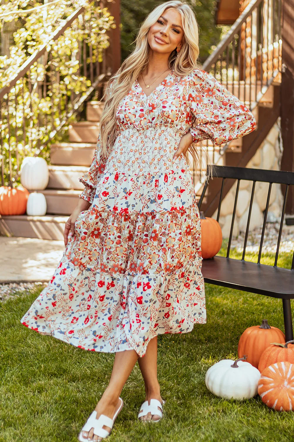 Floral Print Ruffled Long Sleeve Midi Dress