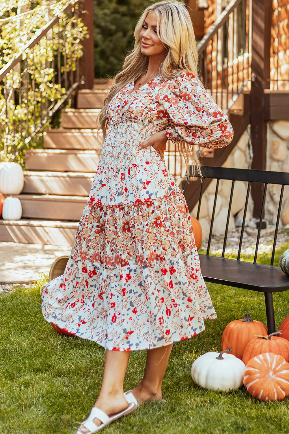 Floral Print Ruffled Long Sleeve Midi Dress