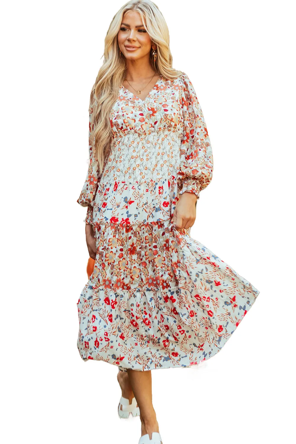 Floral Print Ruffled Long Sleeve Midi Dress