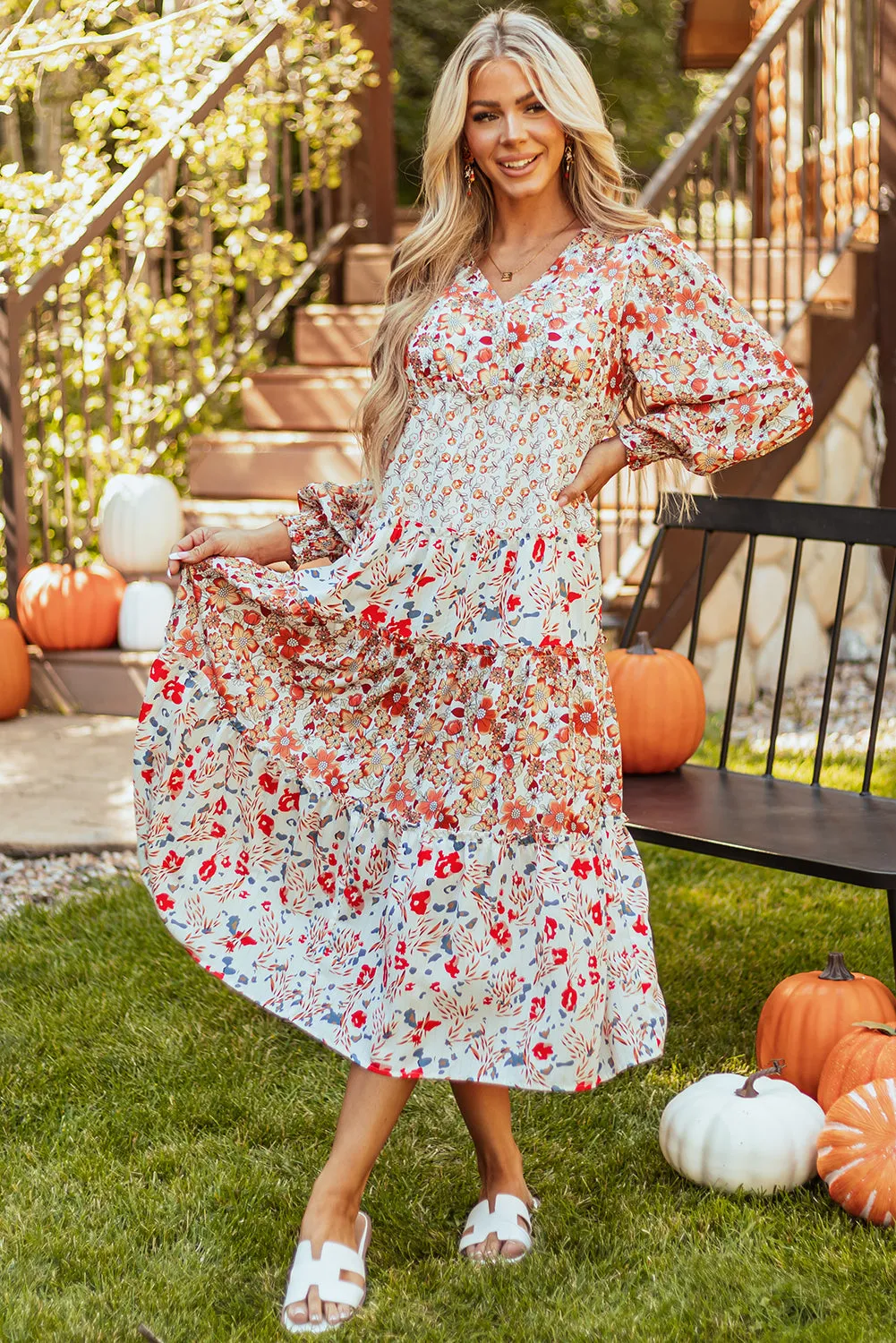 Floral Print Ruffled Long Sleeve Midi Dress