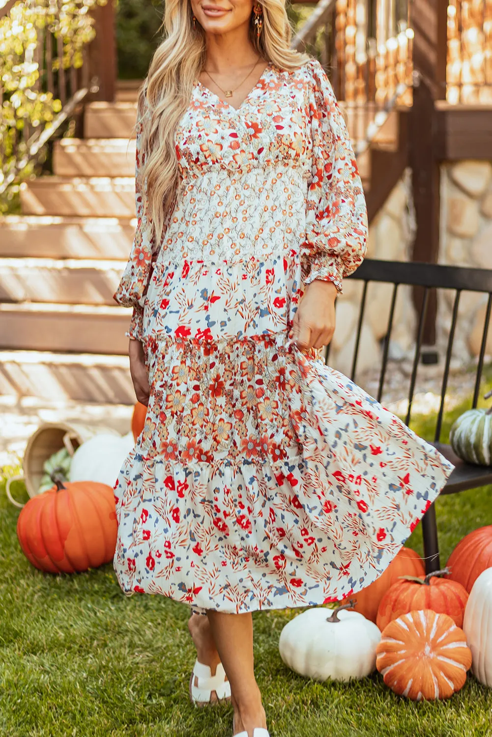 Floral Print Ruffled Long Sleeve Midi Dress