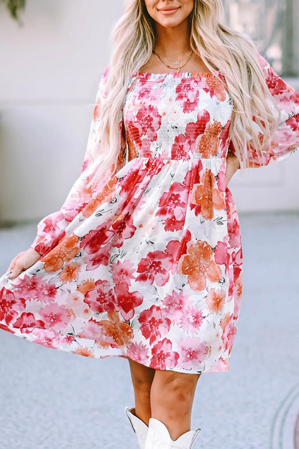 Floral Print Smocked Mini Dresses