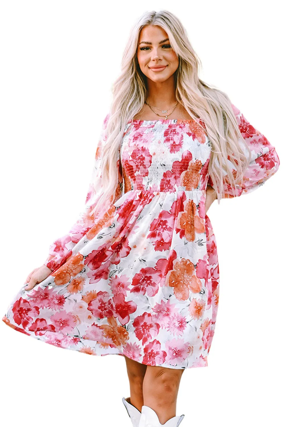 Floral Print Smocked Mini Dresses