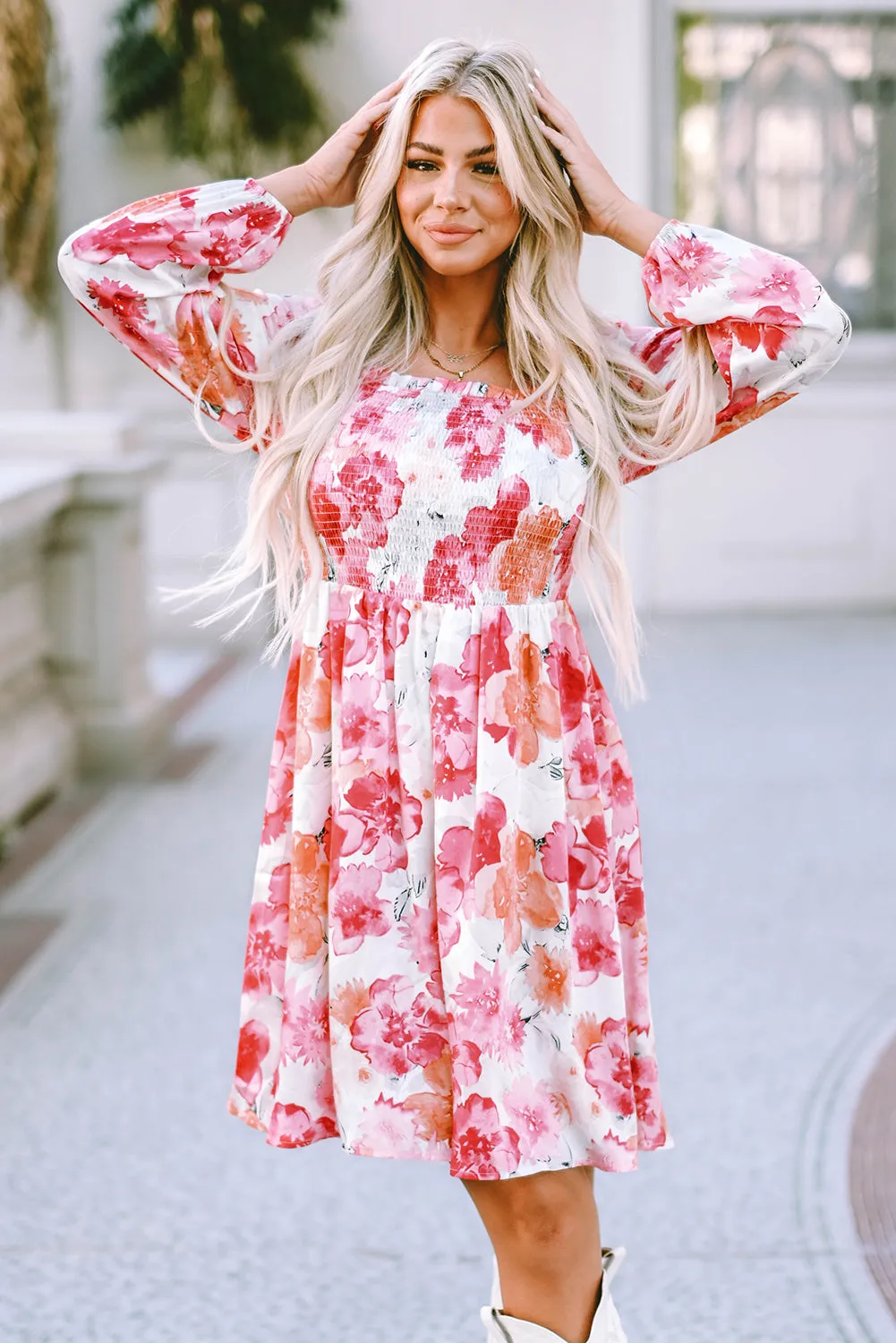 Floral Print Smocked Mini Dresses