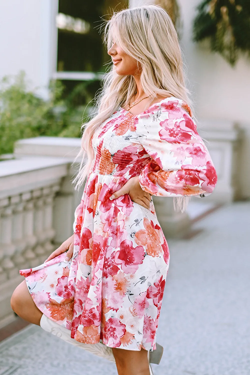 Floral Print Smocked Mini Dresses