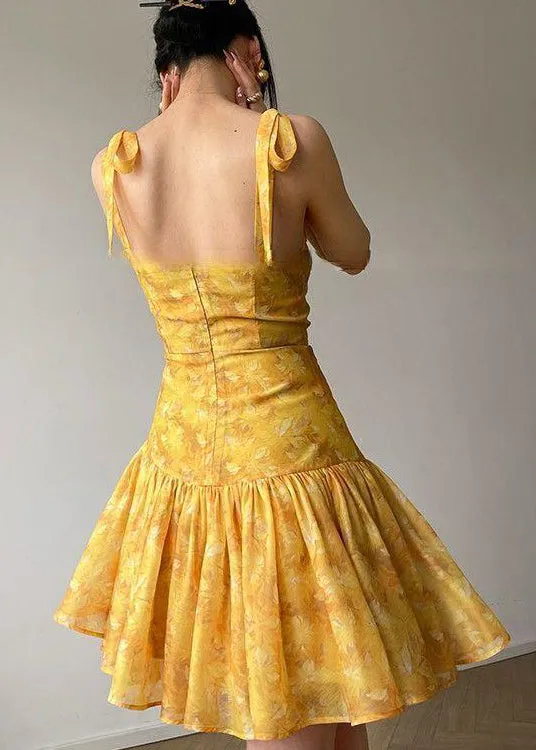 FLYTONN- French Yellow Embroidered Slim Fit Strap Dresses Summer EE1001