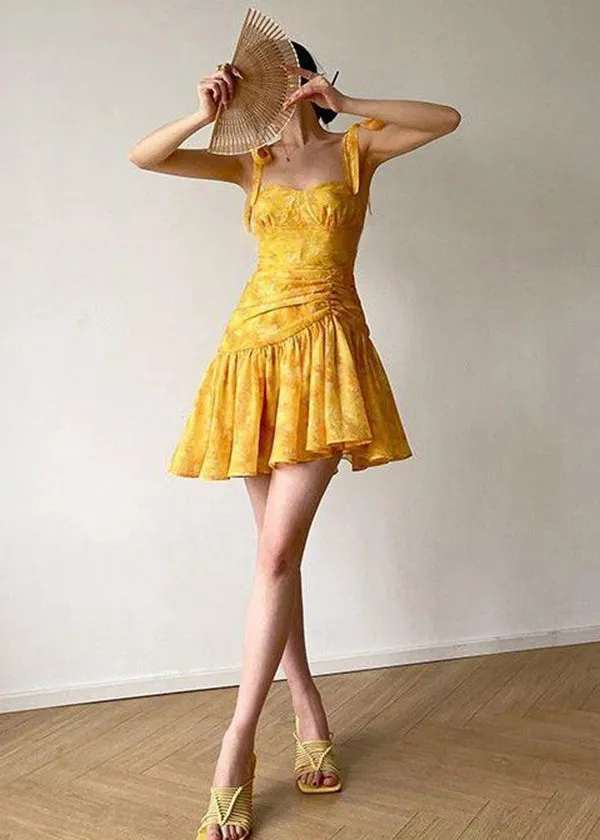 FLYTONN- French Yellow Embroidered Slim Fit Strap Dresses Summer EE1001