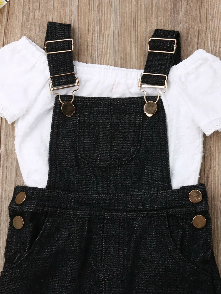 Girls Little Influencer Short Sleeved Top and Denim Capri Overall Set