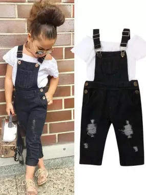 Girls Little Influencer Short Sleeved Top and Denim Capri Overall Set