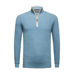 Glacier Blue Cashmere Zip Neck Sweater Verbier in pique stitch