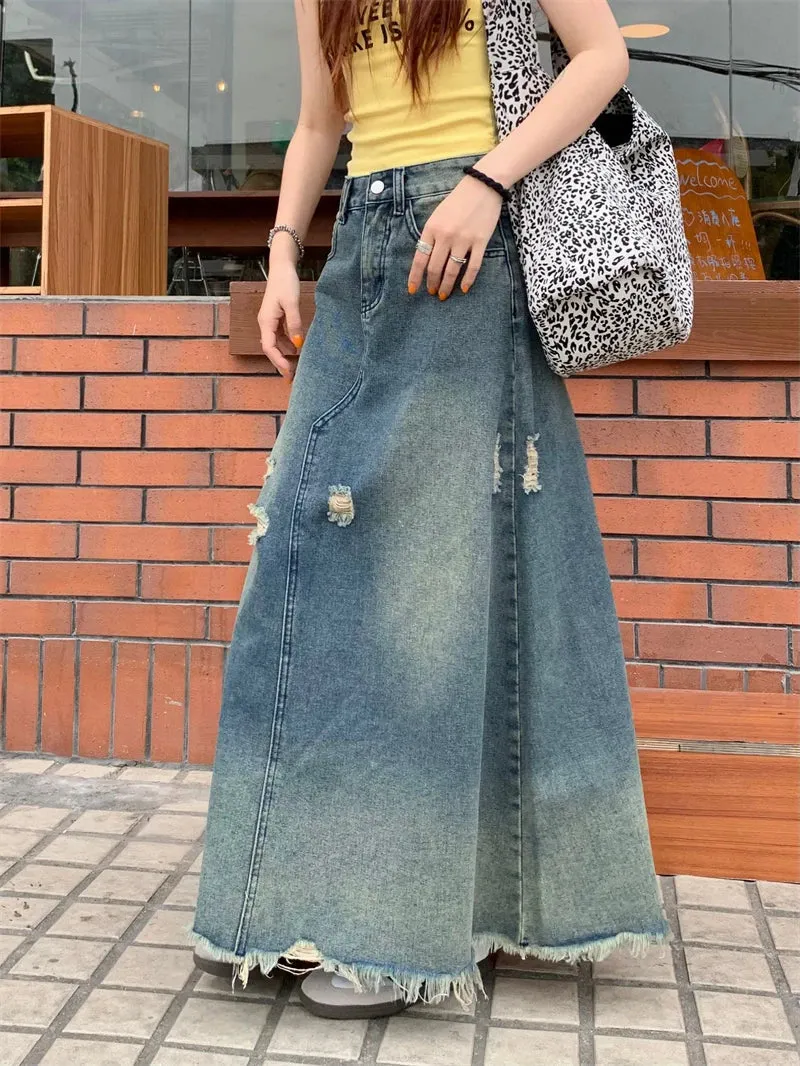 Heavy Industry Washed Ripped Raw Hem Long Skirt