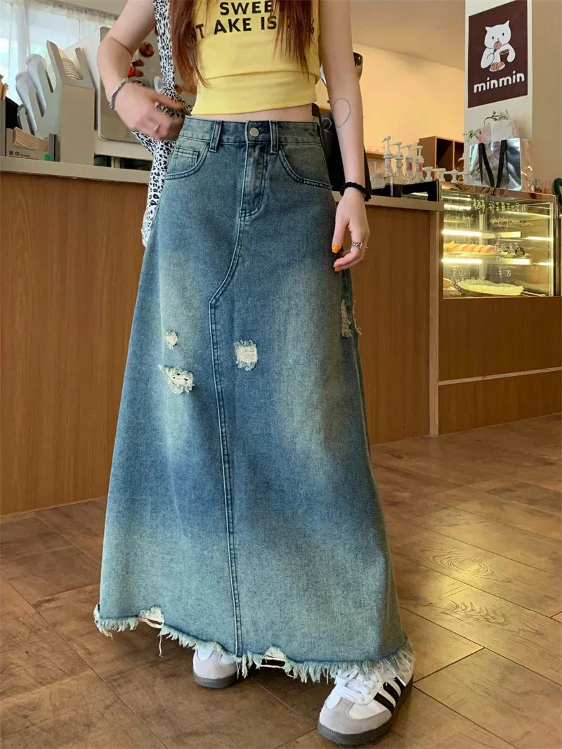 Heavy Industry Washed Ripped Raw Hem Long Skirt