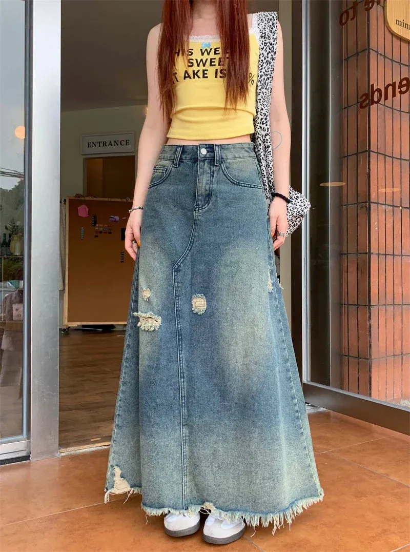 Heavy Industry Washed Ripped Raw Hem Long Skirt