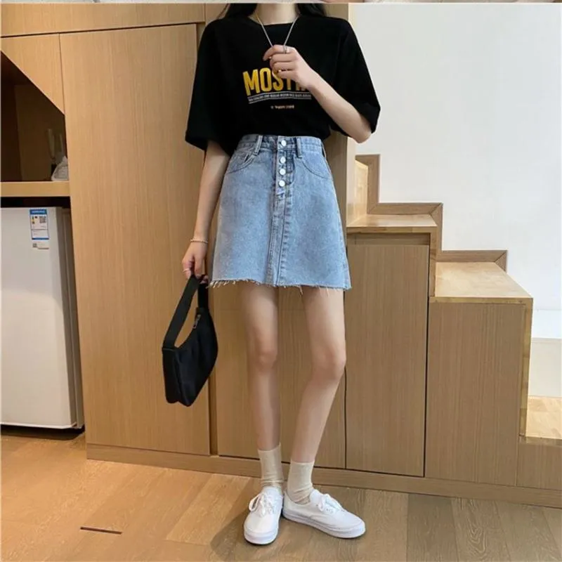 High-Waisted Button Front A-Line Denim Skirt