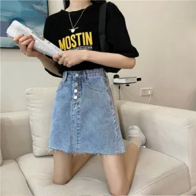 High-Waisted Button Front A-Line Denim Skirt