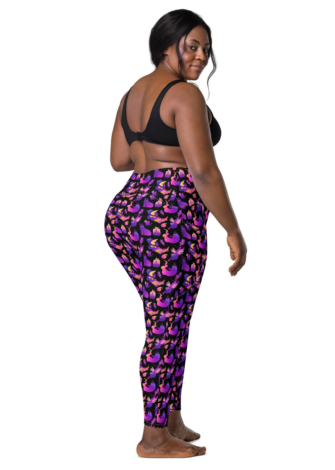 High-Waisted Leggings with Pockets - Witchy Kitties - Black