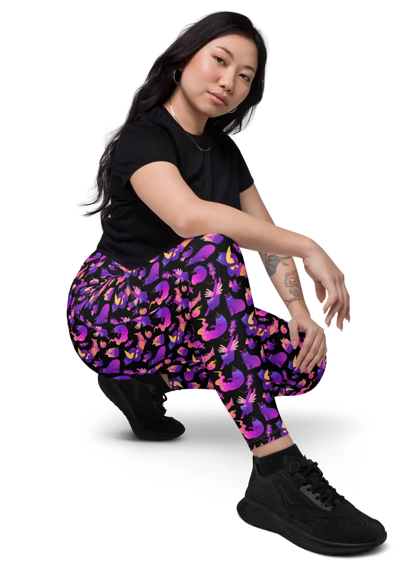 High-Waisted Leggings with Pockets - Witchy Kitties - Black