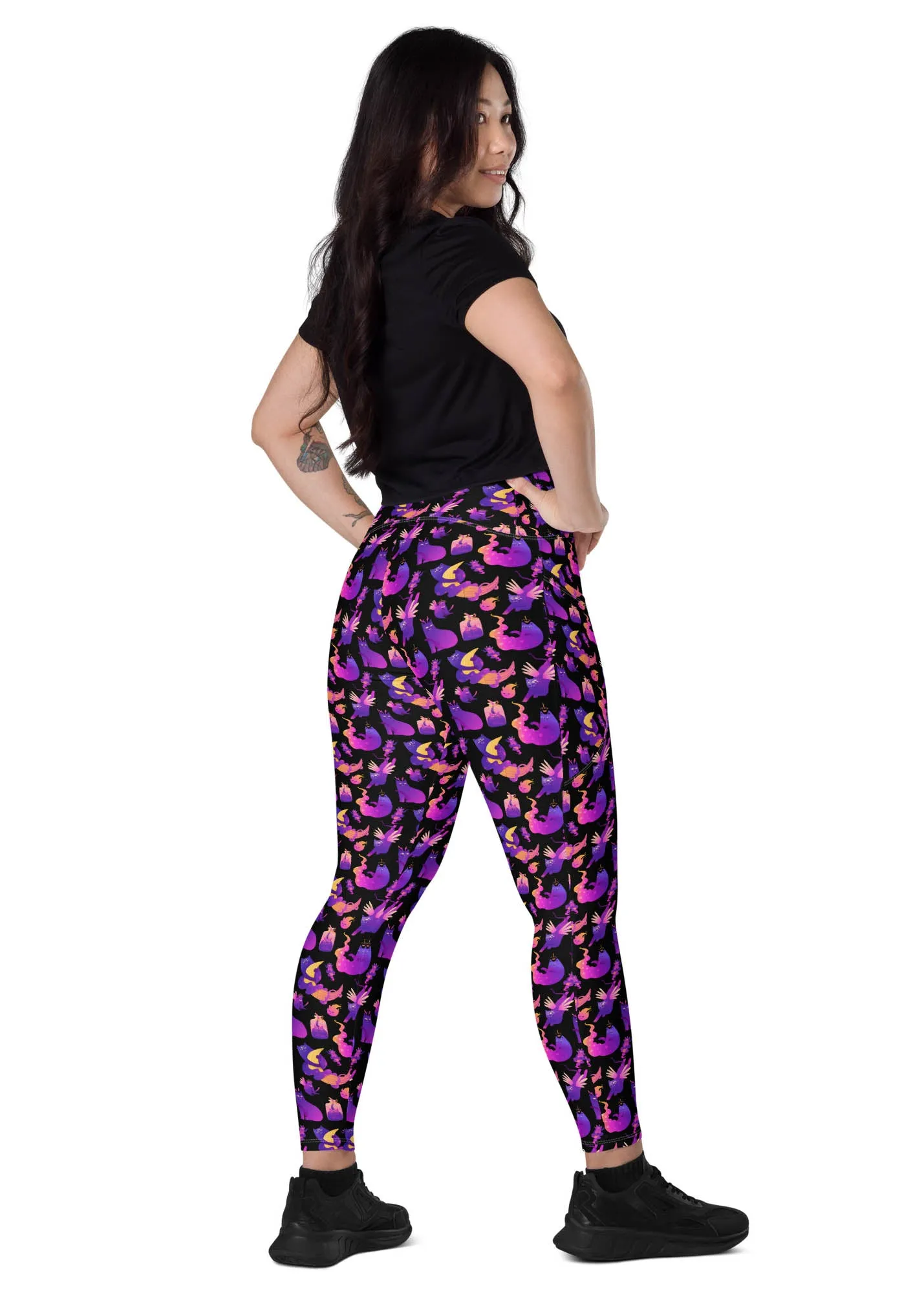 High-Waisted Leggings with Pockets - Witchy Kitties - Black