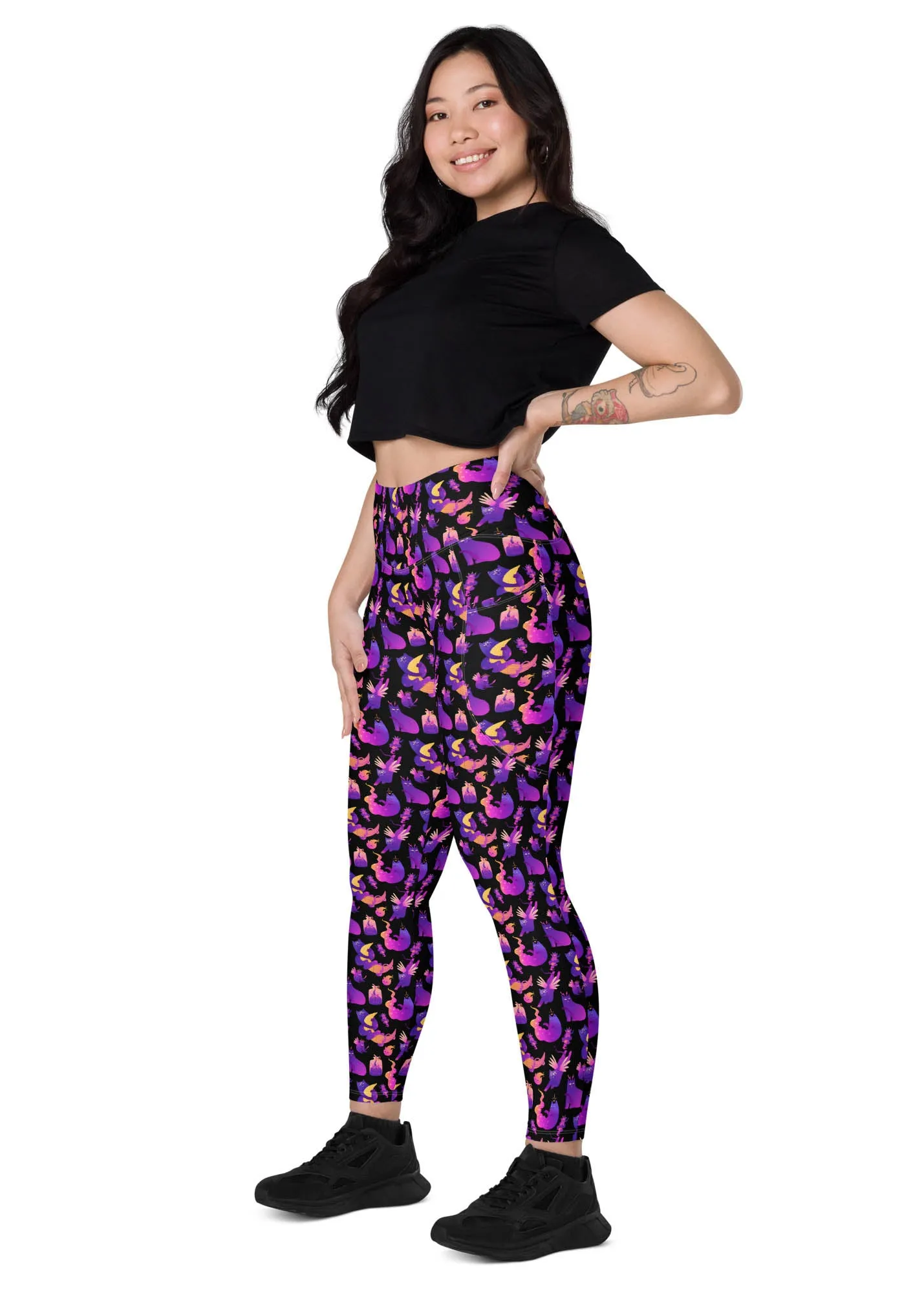 High-Waisted Leggings with Pockets - Witchy Kitties - Black