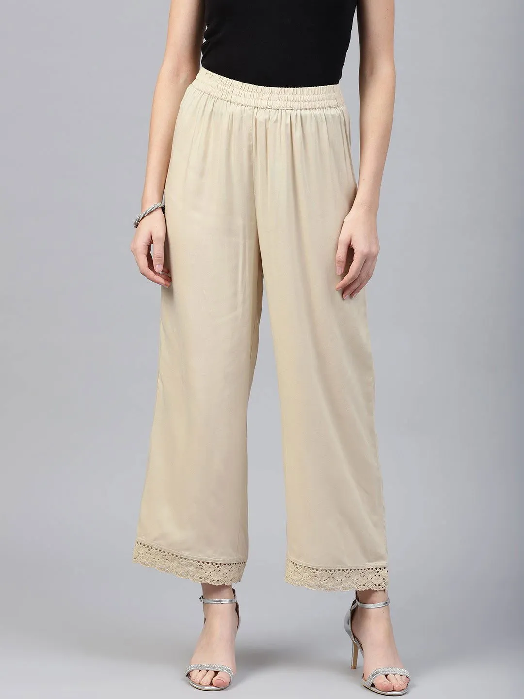 Jashvi Beige Solid Rayon Wide Leg Women Palazzo With One Pocket