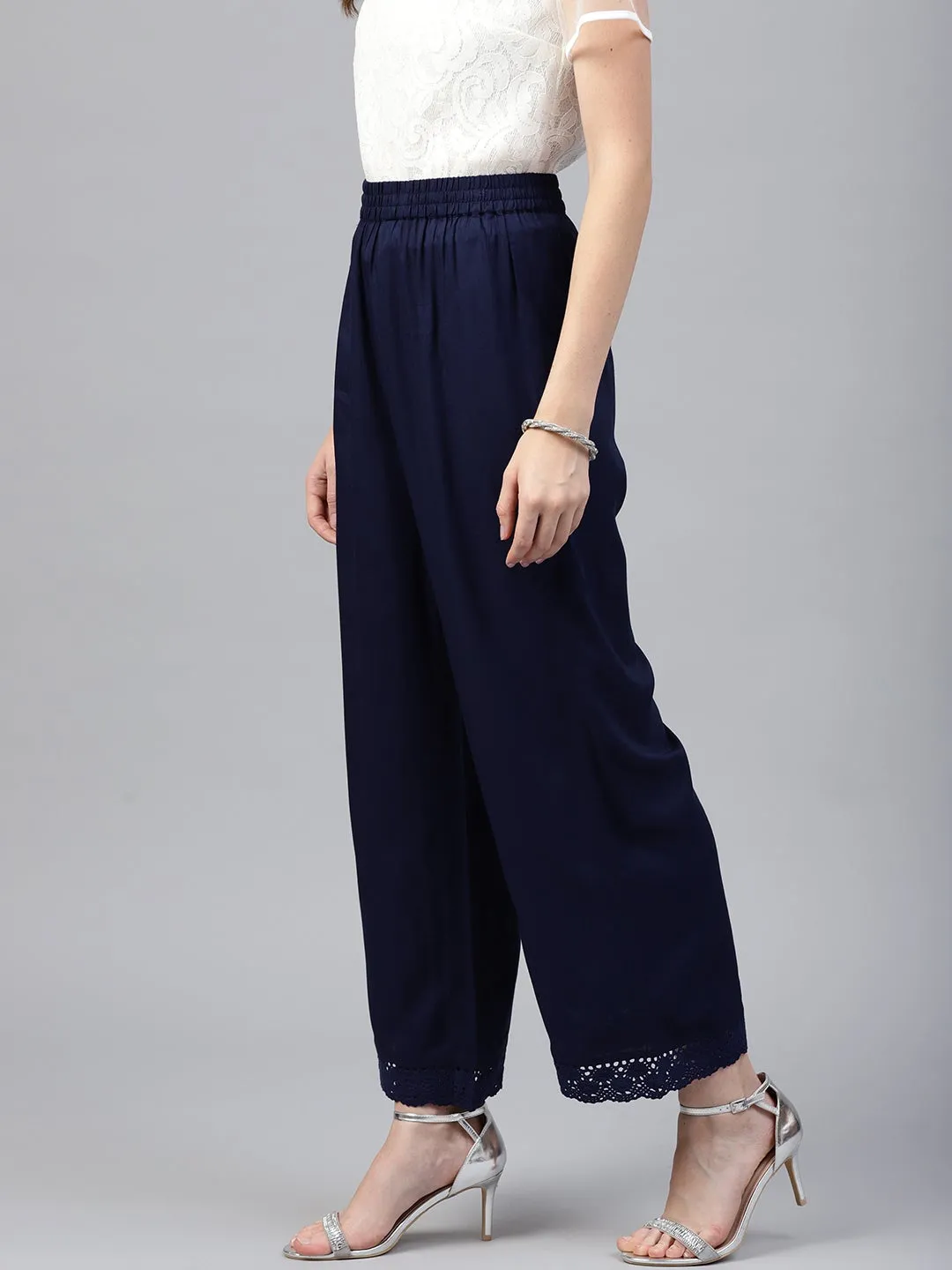 Jashvi Navy Blue Solid Rayon Wide Leg Women Palazzo With One Pocket