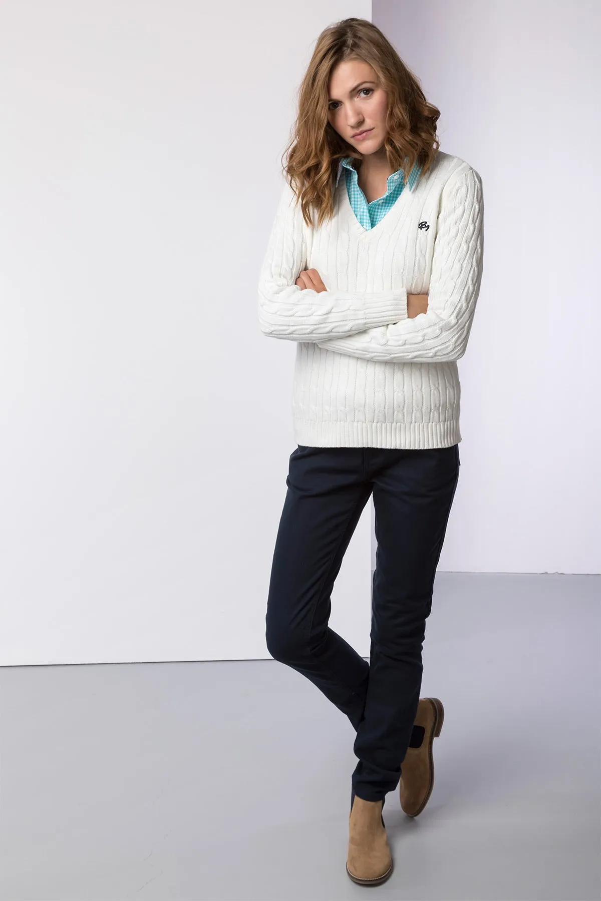 Ladies Cable Knit V Neck Jumper