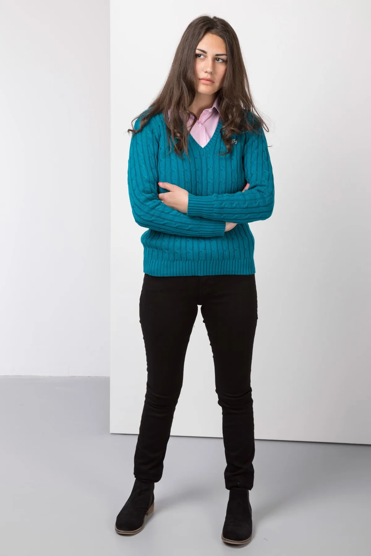 Ladies Cable Knit V Neck Jumper