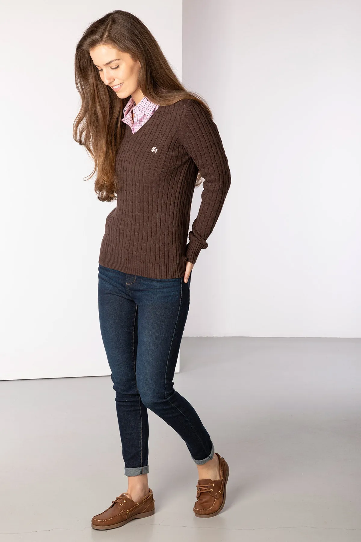 Ladies V Neck Cable Knit Jumper - Emma