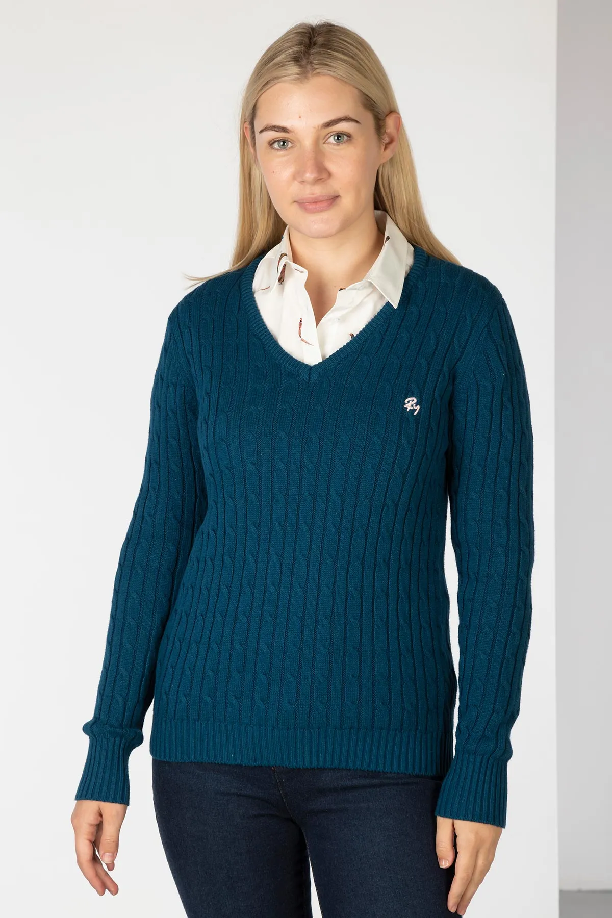 Ladies V Neck Cable Knit Jumper - Emma