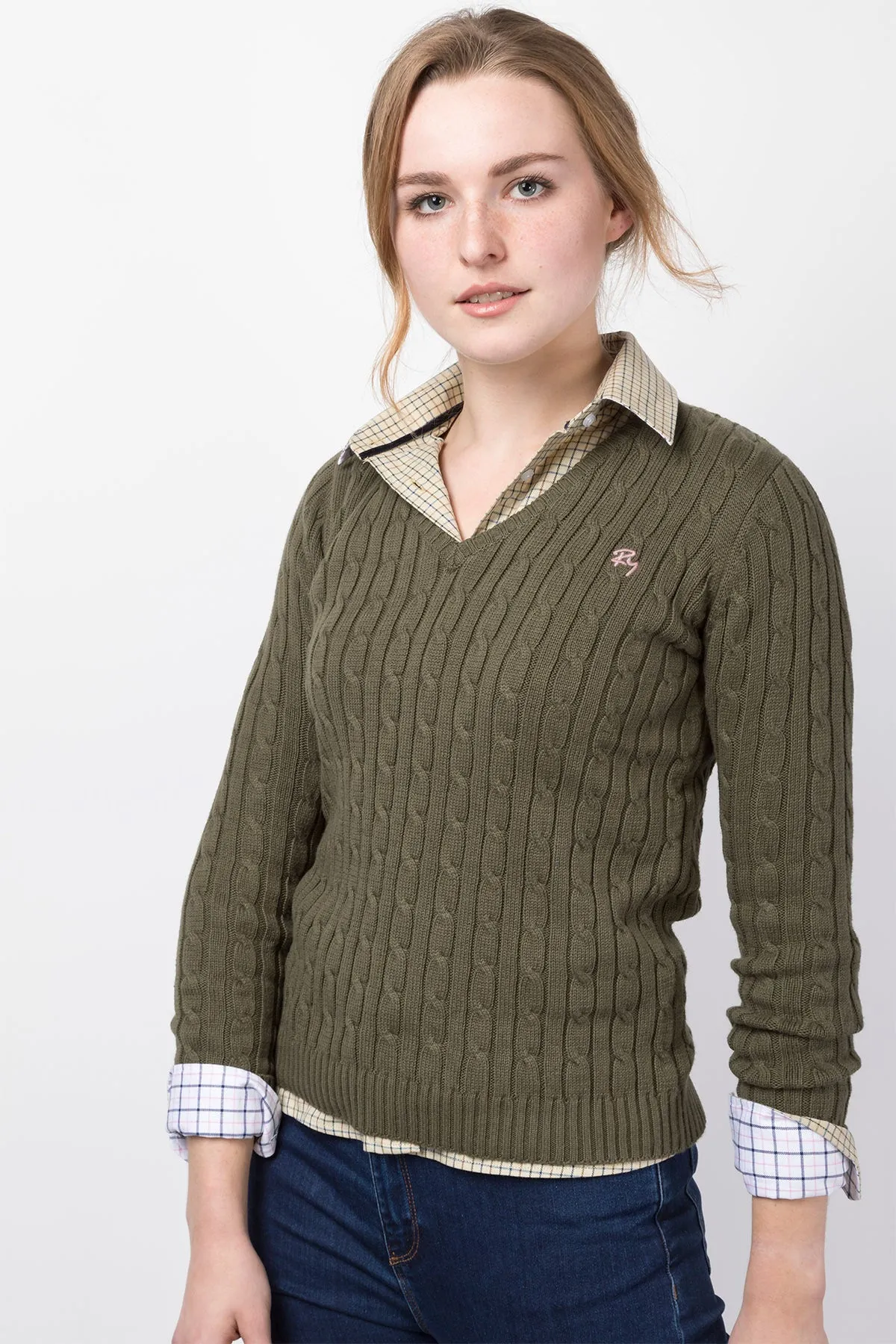 Ladies V Neck Cable Knit Jumper - Emma