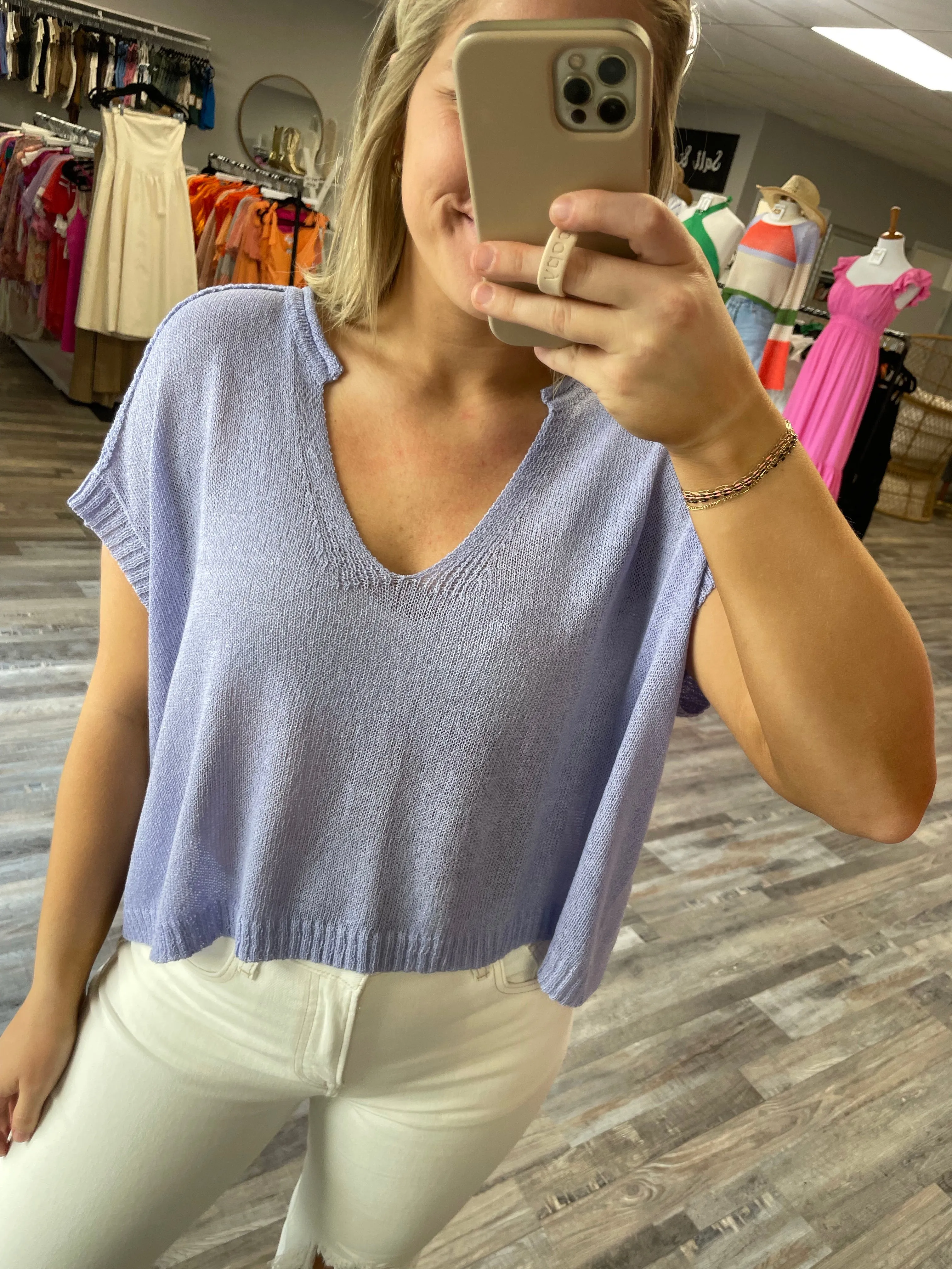 Lightweight V-Neck Knit Top - Periwinkle