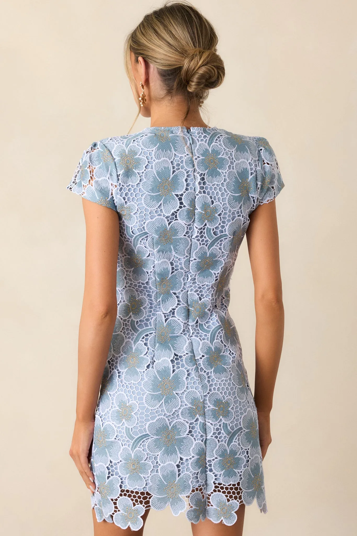 Little Moments Sky Blue Floral Embroidered Mini Dress