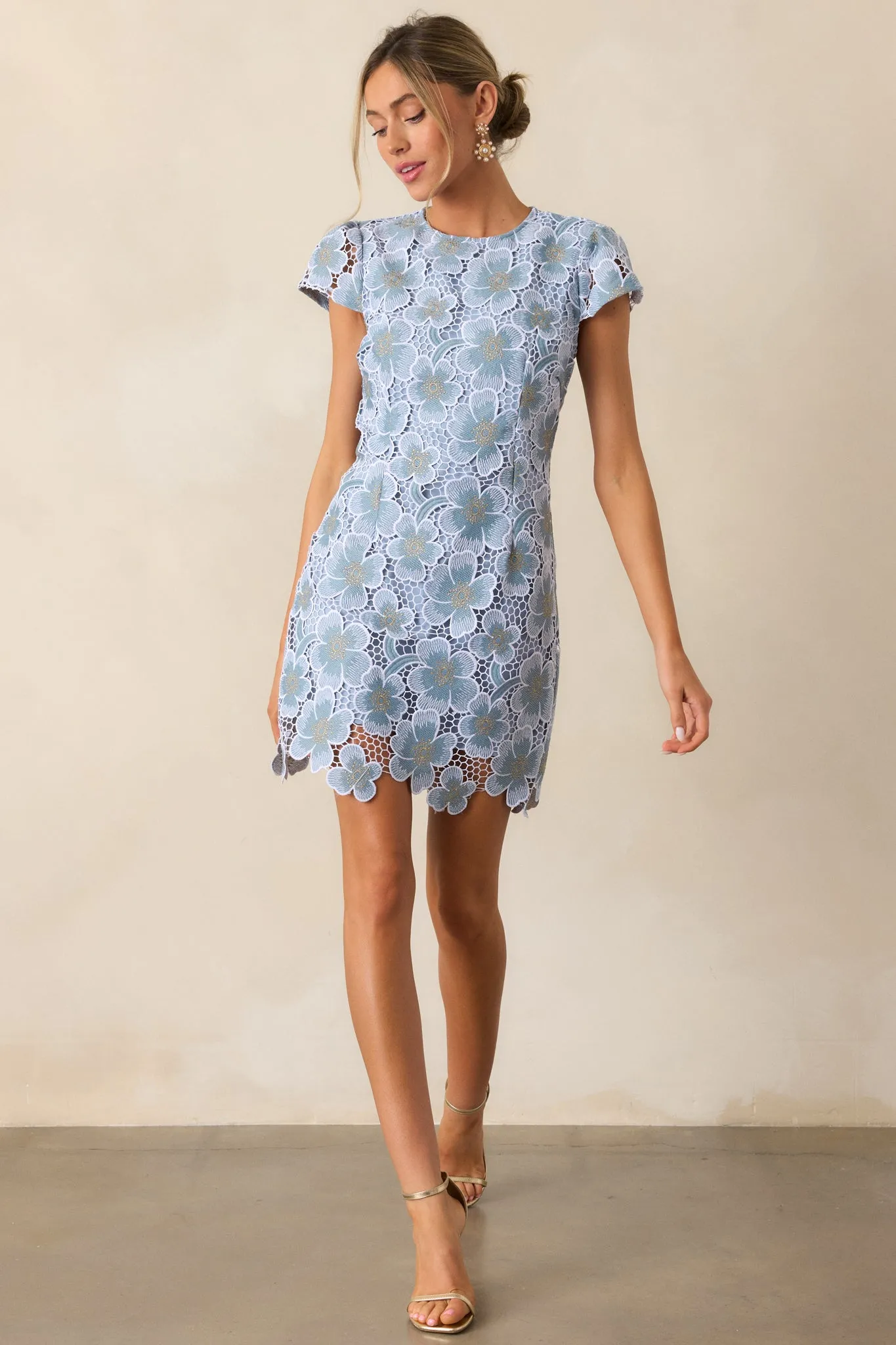 Little Moments Sky Blue Floral Embroidered Mini Dress